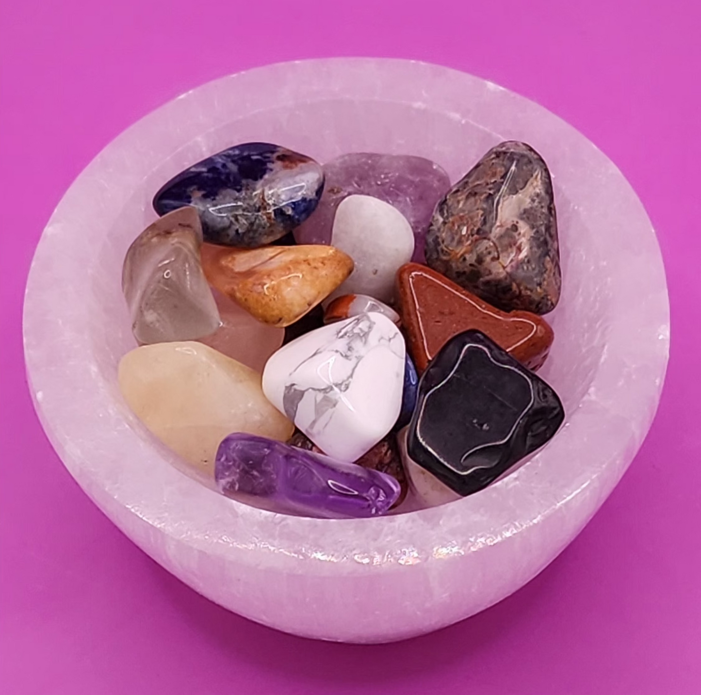 Satin Spar Selenite Bowl with Crystal Tumblestones