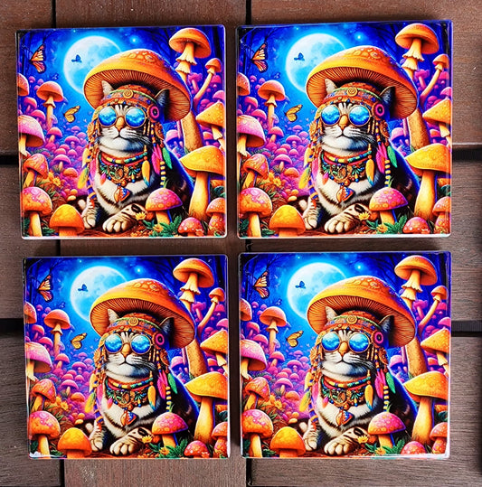 Coasters - Psychedelic Mushroom Cat